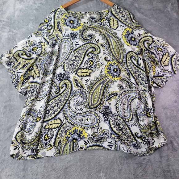 EST‎ 1946 Womens Plus Size 22W Paisley Top Short Sleeve Yellow Blue-Black Boho - Picture 1 of 12